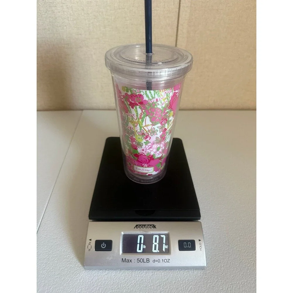 Lily Pulitzer Travel Tumbler Lid & Straw Pink & Green White Flowers Plastic